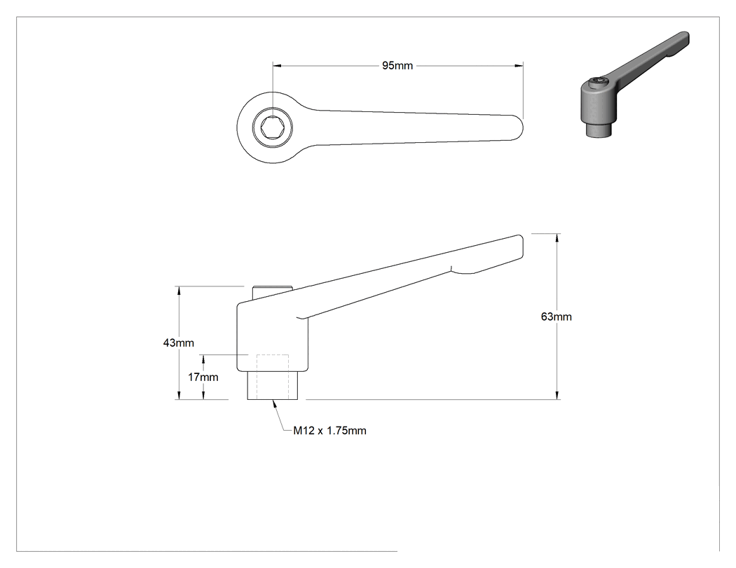 Teknik Çizim - 303 Paslanmaz Çelik Ayarlanabilir Tutamak, M12 x 1.75 mm Dişli Delik ile