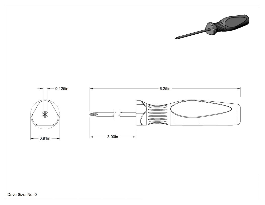 Teknik Çizim - Düz Saplı Tornavidalar, 6-1/4" Toplam Uzunluk