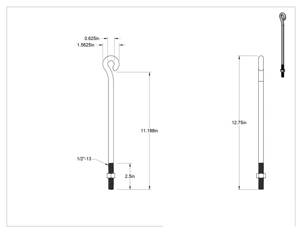 Teknik Çizim - Somunlu Yönlendirme Halkalı Cıvatası - Kaldırma Amaçlı Değildir, 304 Paslanmaz Çelik, Bükülmüş Kapalı Göz, 1/2"-13 Diş, 11-3/16" Şaft