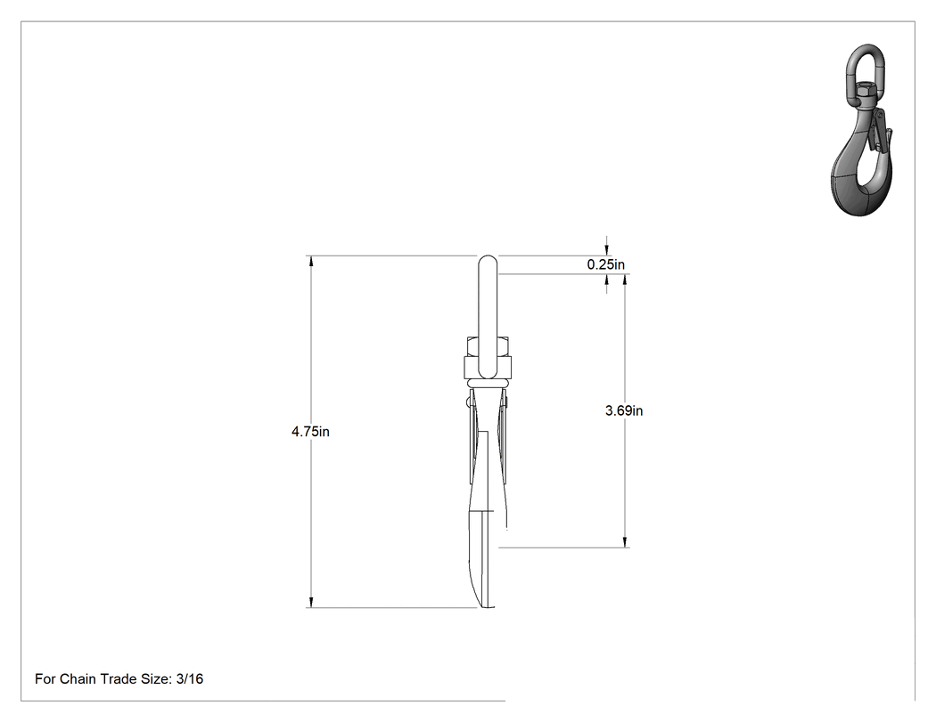 Teknik Çizim - 316 Paslanmaz Çelik Döner Göz Kancası - Kaldırma Amaçlı Değildir, 3/16" Anma Ölçüsü Zincir için