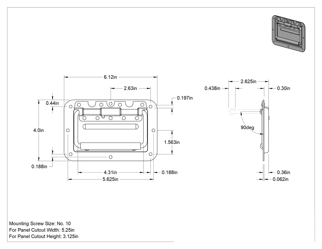 Teknik Çizim - Montaj Plakalı Gömme Katlanır Çekme Kolu, Dişsiz Delikli, Çinko Kaplı Çelik, 2-5/8" Çıkıntı
