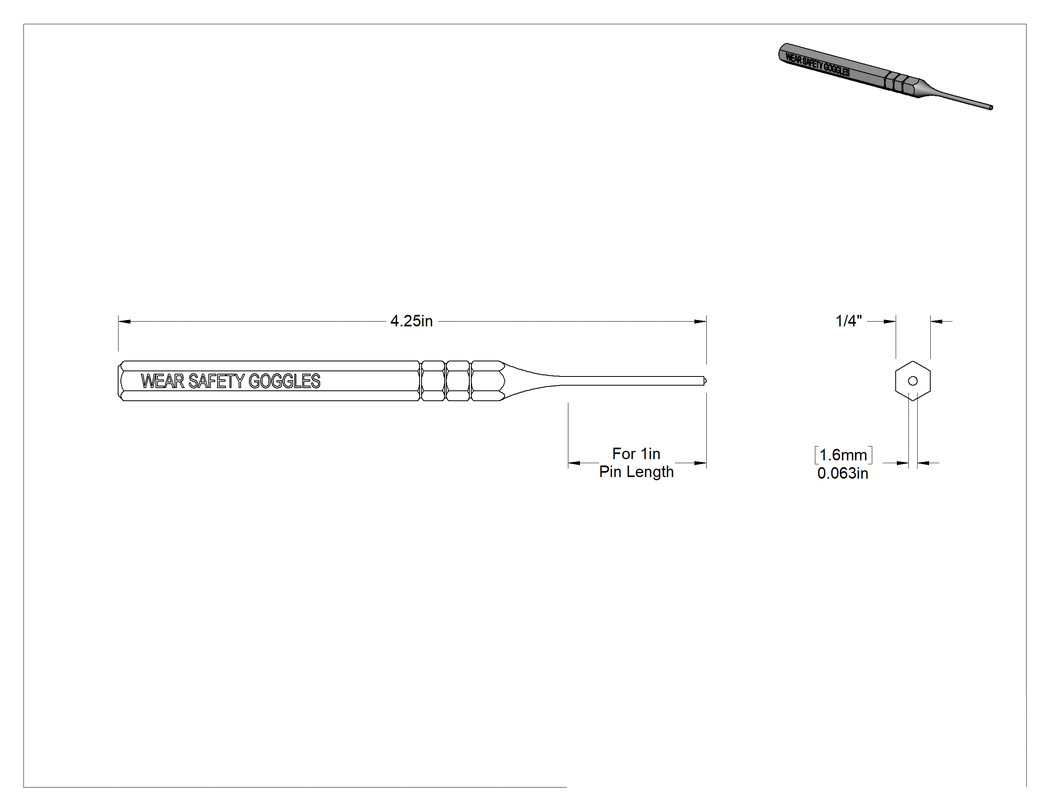 Teknik Çizim - Pim Çıkarma Zımbası, 1/16" ve 1.5 mm Çaplı İçi Boş ve Yaylı Pimler için