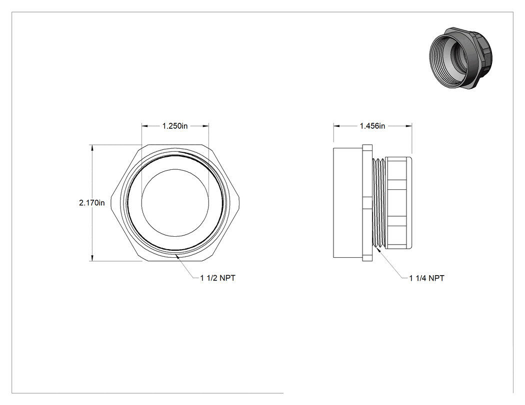 Teknik Çizim - Lavabo Tahliye Sıkıştırma Tüpü Adaptörü, 1-1/2 NPT Dişi, 1-1/4" Boru Dış Çapı için