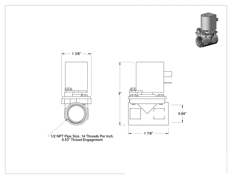 Teknik Çizim - İçme Suyu için Solenoid Açma/Kapama Valfi, 303 Paslanmaz Çelik, 120V AC, 1/2 NPT Dişi