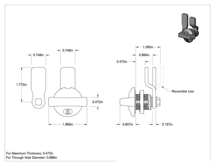 Teknik Çizim - Tight-Hold Kanatlı Kulplu Kam Mandalları, Sabit Kilitleme Mesafesi, 316 Paslanmaz Çelik, 7/16" Maksimum Kalınlık için