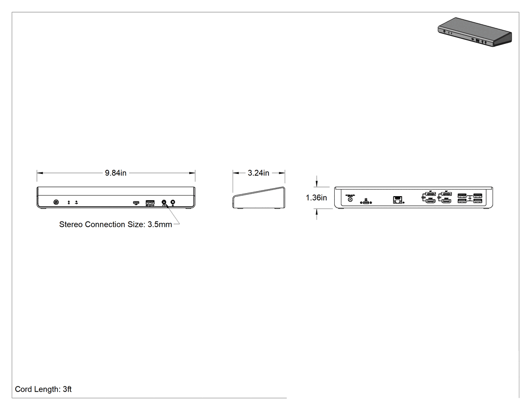Teknik Çizim - USB Standart 3.2 Gen 1 Hub, USB A ve C Erkek, Dişli A ve C, HDMI, Displayport, RJ45 ve Ses
