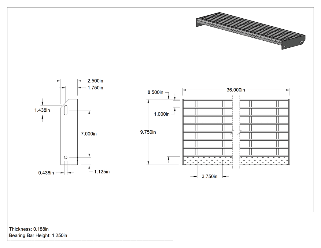 Teknik Çizim - 304 Paslanmaz Çelik Çubuk Izgara Merdiven Basamağı, Pürüzsüz, 36" Genişlik x 9-3/4" Derinlik, 1-1/4" Taşıyıcı Lama Yüksekliği