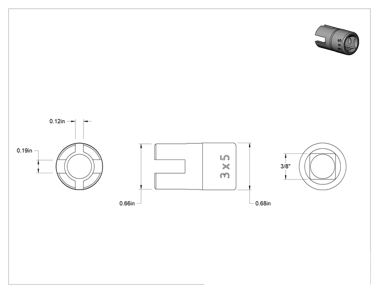 Teknik Çizim - Kanat Somun Soketi, 1/8", 3/16" Yiv Genişliği