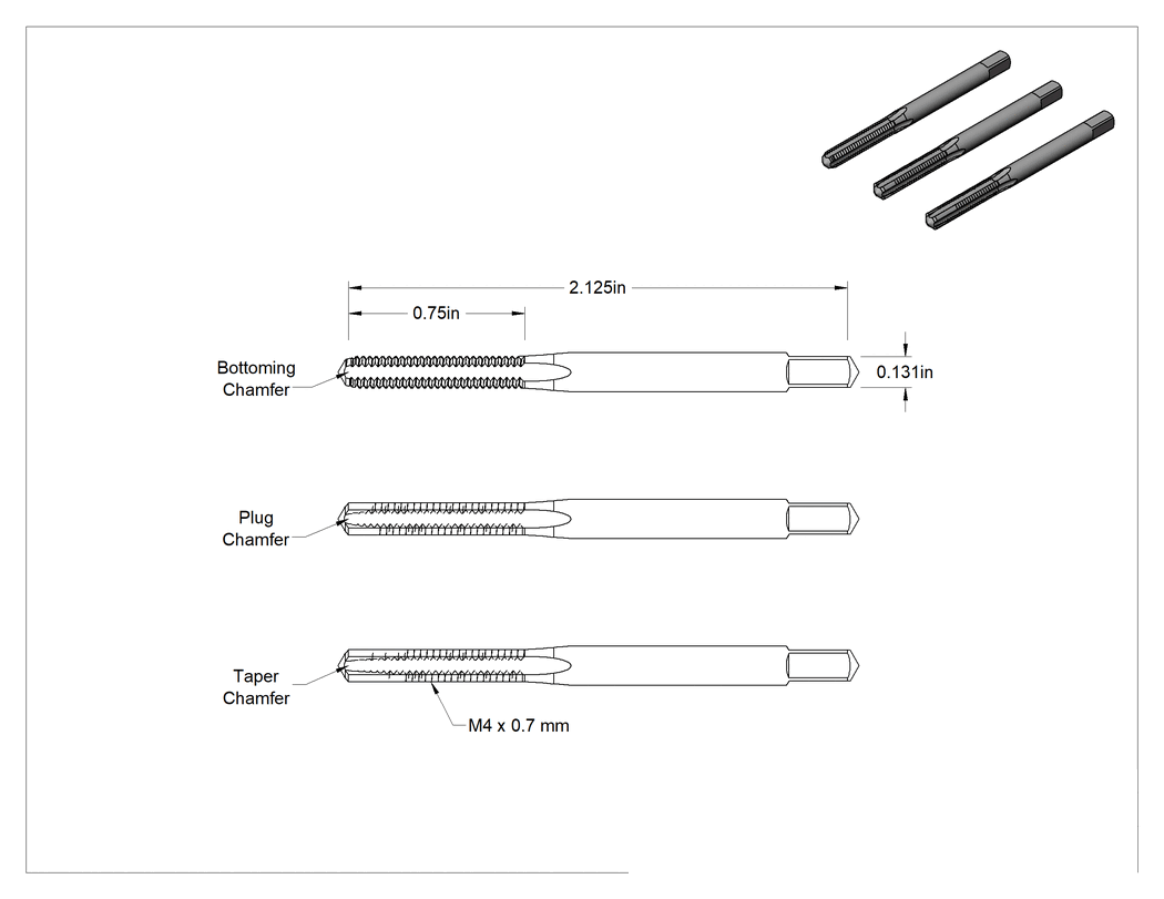 Teknik Çizim - Sol Dişli Kılavuz Seti, 3 Parça, M4 x 0.7 mm Diş Boyutu