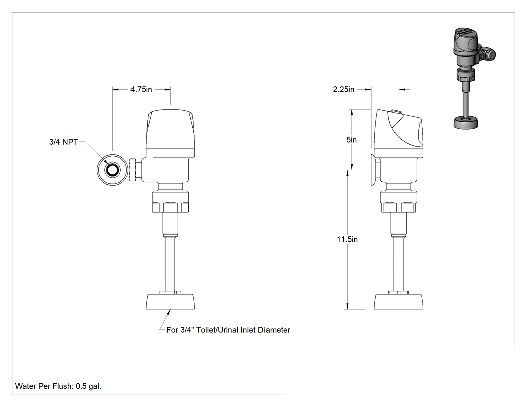Teknik Çizim - Sloan G2 Optima Plus Temassız Sifon Valfi, 3/4" Giriş Çapına Sahip Pisuarlar için, 0.5 Gpf