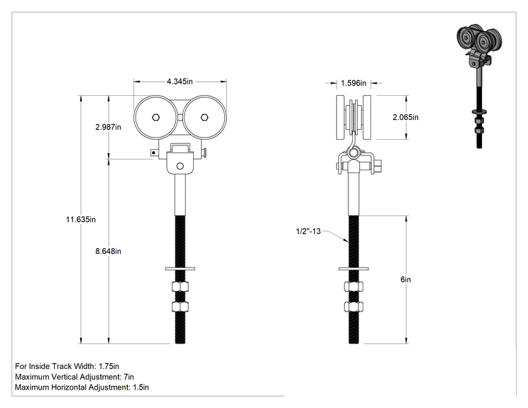 Teknik Çizim - Cıvatalı Askı, Kapılar için Makaralı Rayda 1-1/2" Maksimum Yatay Ayar