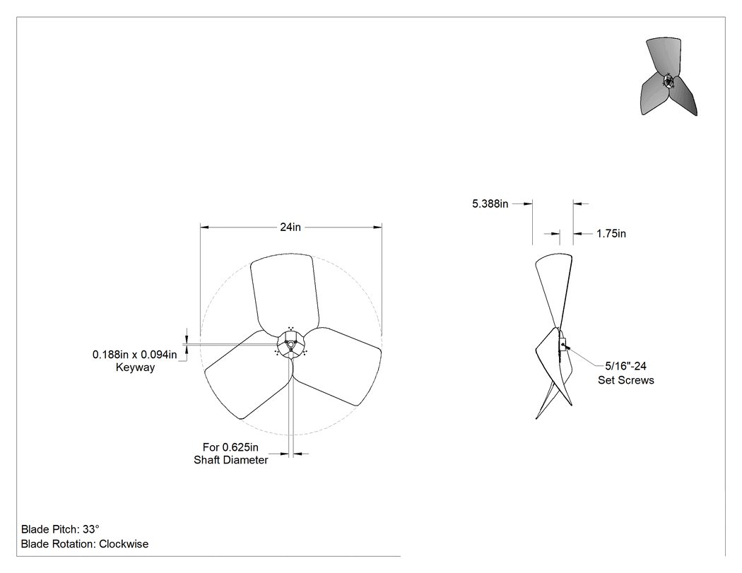 Teknik Çizim - Alüminyum Fan Kanadı, Yüksek Çıkışlı, 5/8" Çaplı Kamalı Mil için, 3 Bıçak