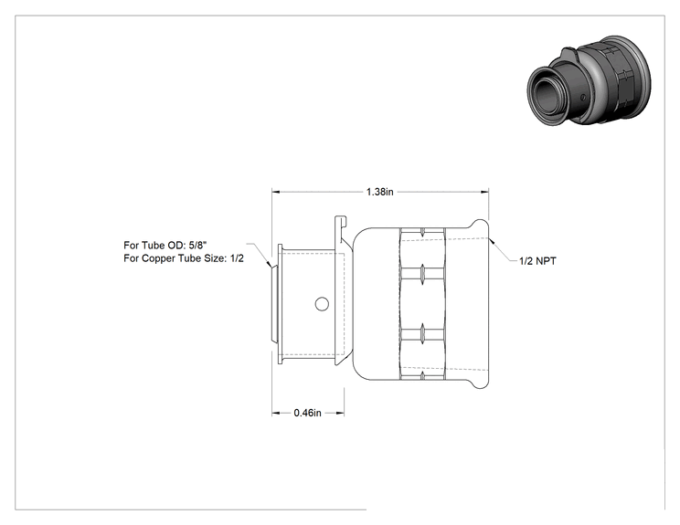 Teknik Çizim - İçme Suyu için Presle Bağlanan Bağlantı Parçası, Adaptör, 1/2 Bakır Boru Boyutu Dişi x 1/2 NPT Dişi