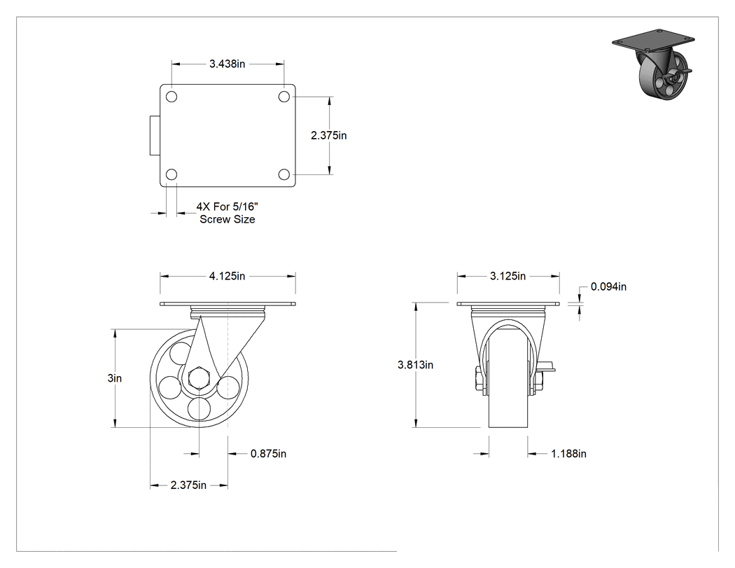Teknik Çizim - Cart-Smart Tekerlek, Frenli ve 3" Çapında Demir Tekerlekli Döner Tekerlek