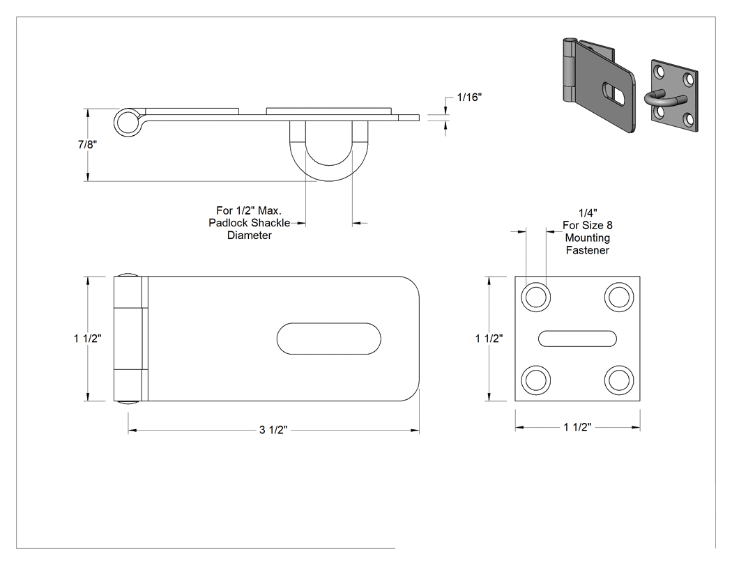 Teknik Çizim - Asma Kilitli Mandal, 3-1/2" x 1-1/2" x 1/16" Kollu, Alüminyum