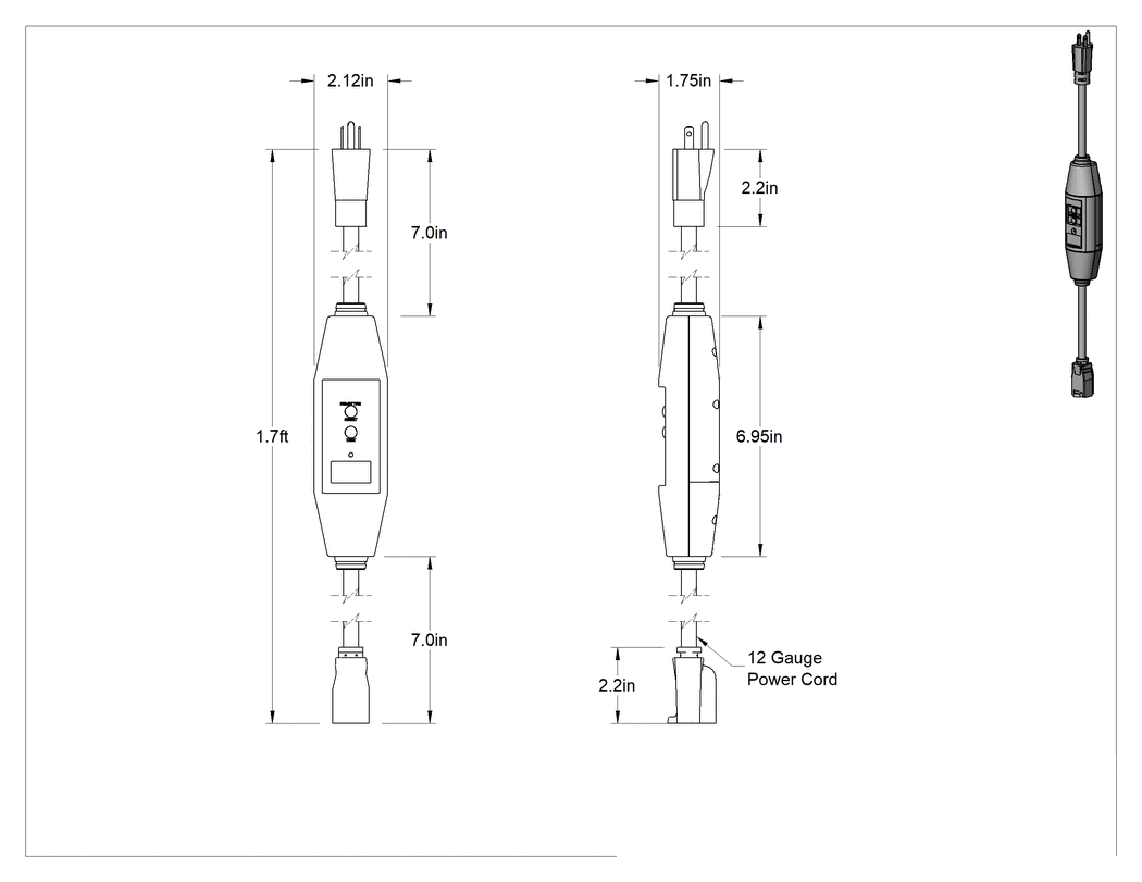Teknik Çizim - GFCI Uzatma Kablosu, NEMA 5-15 Fiş x Priz, 1 Priz, 12 AWG Tel, 2 ft Uzunluk