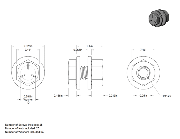 Teknik Çizim - Somun ve Pullu 5 Sınıfı Çelik Altıköşe Başlı Vidalar, Orta Mukavemetli, 1/4"-20 Diş Boyutu, 1/2" Uzunluk