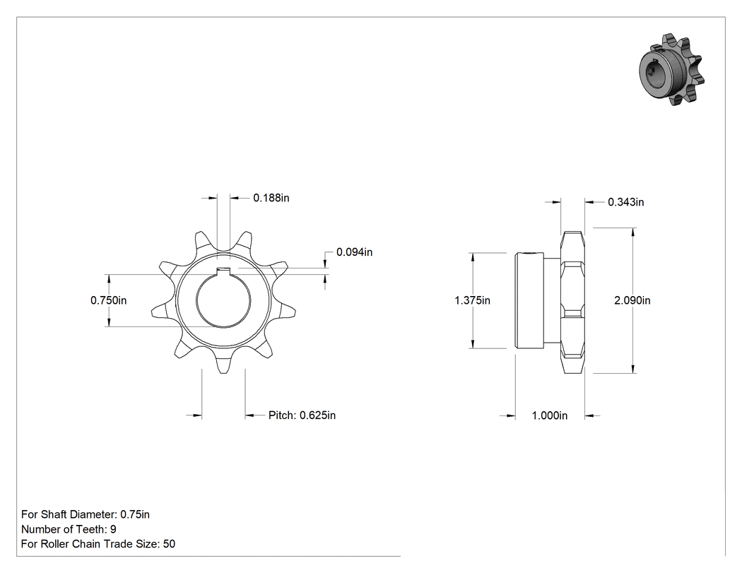 Teknik Çizim - Çelik Tek Sıralı Dişli, ANSI 50 Makaralı Zincir ve 3/4" Mil Çapı, 9 Diş