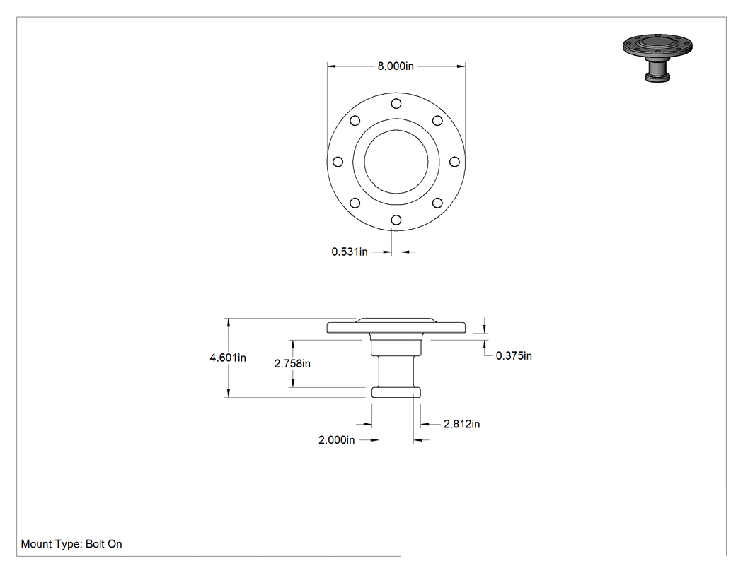 Teknik Çizim - Römork Pimi, Cıvata ile Sabitleme, 4-5/8" Yükseklik x 8" Toplam Çap