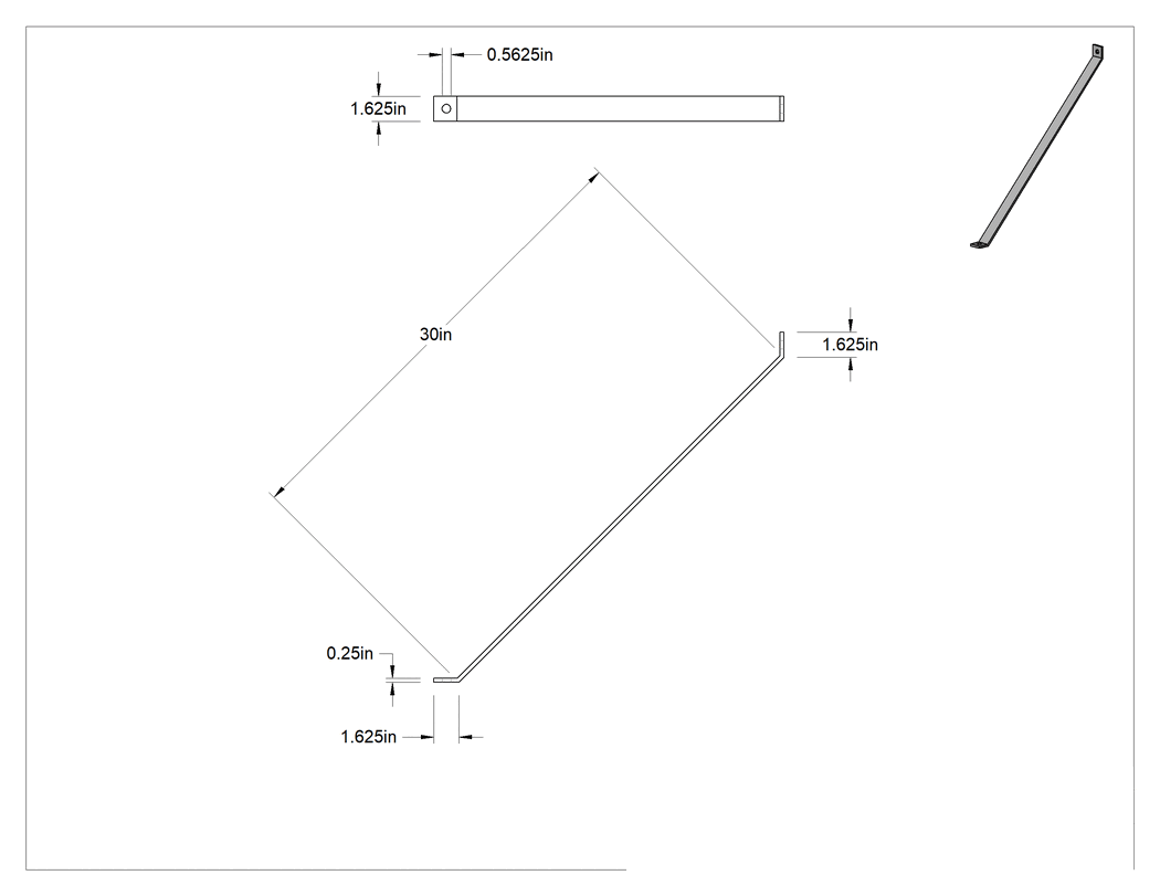 Teknik Çizim - Strut Kanalı Destek, Siyah Boyalı Çelik, 30 inç Uzunluk x 1-5/8 inç Uzunluk