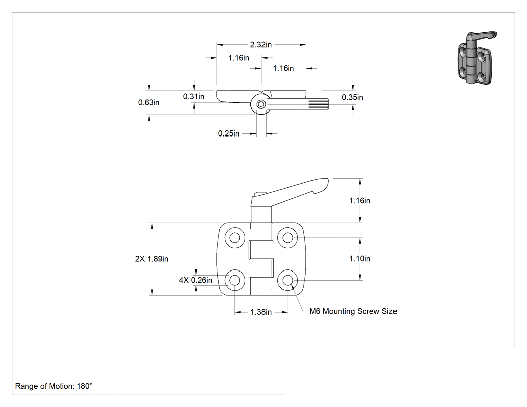 Teknik Çizim - Kol Kilitli Konum Menteşesi, Nikel Kaplı Alüminyum, 1-7/8" x 1-3/16" Kapı Kanadı
