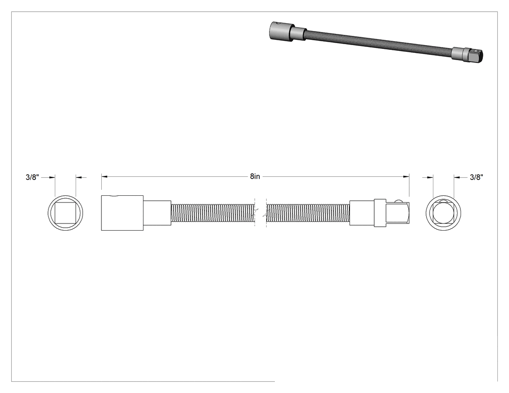 Teknik Çizim - 3/8 inç Kare Tabanlı Esnek Lokma Uzatma Parçası, 8 inç Uzunluk
