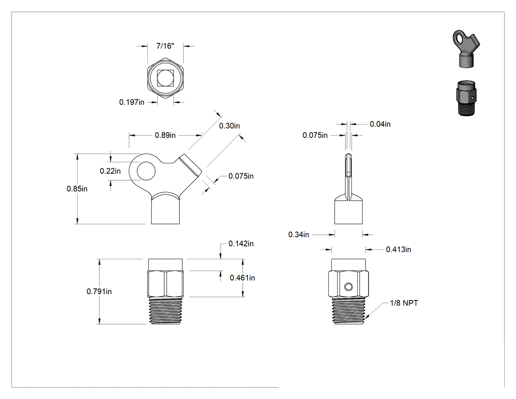 Teknik Çizim - Su için Anahtarla Çalışan Hava Tahliye Vanası, 1/8 NPT Erkek