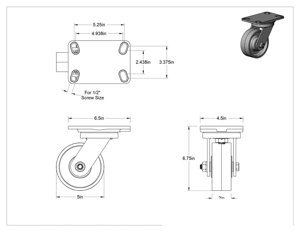 Teknik Çizim - 6-1/2" x 4-1/2" Plakalı Yüksek Kapasiteli Kingston Tekerlek, 5" Çapında Metal Tekerlekli Döner