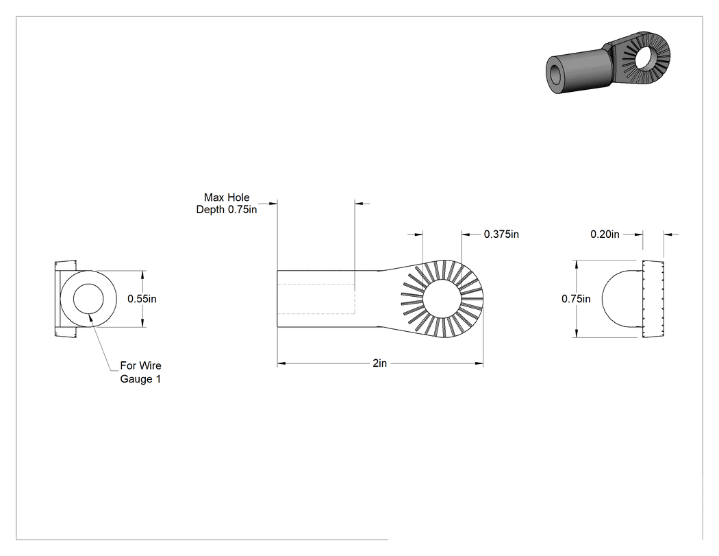 Teknik Çizim - Pil Terminali Konektörü, 3/8" Dönme Önleyici Pabuç, 1 AWG