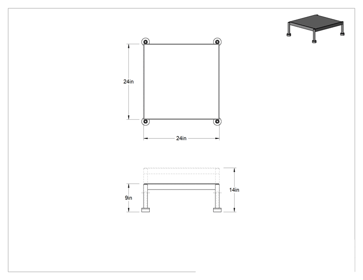 Teknik Çizim - Yorgunluk Önleyici Çalışma Platformu, 9"-14" Yükseklik x 24" Genişlik x 24" Derinlik Toplam