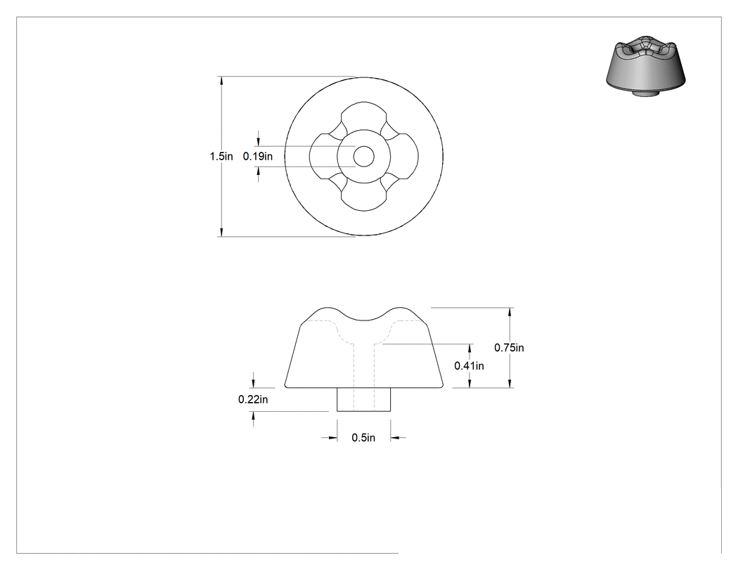 Teknik Çizim - Kimyasallara Dayanıklı PVC Titreşim Sönümleyici Burç, 1.5 inç Çap, 20 lbs Kapasite, 0.19" Delik Çapı
