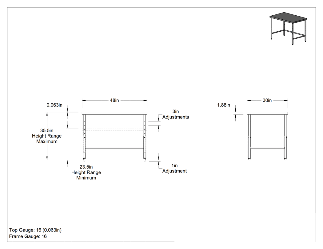 Teknik Çizim - Yüksekliği Ayarlanabilir Paslanmaz Çelik Masa, Sabit, 24"-36" Yükseklik x 48" Genişlik x 30" Derinlik