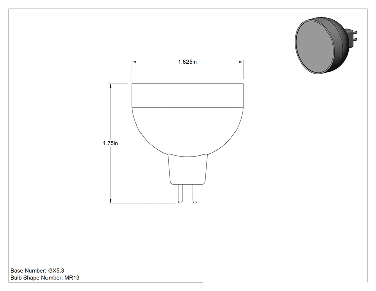 Teknik Çizim - İki Pimli Tabanlı Ampul, MR13, 250W 82V AC/DC, 3250K, Geniş Işın Deseni