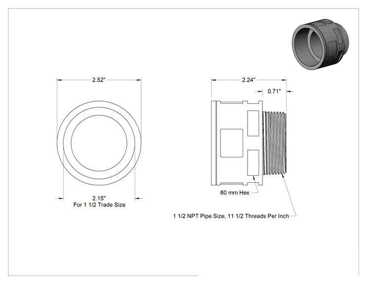 Teknik Çizim - Esnek Plastik Kanal için Bağlantı Parçası, Adaptör, 1-1/2 Anma Ölçüsü Dişi x 1 1/2 NPT Erkek