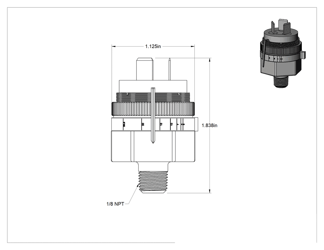 Teknik Çizim - Ekonomik Vakum Anahtarı, 1/8 NPT Erkek Bağlantı