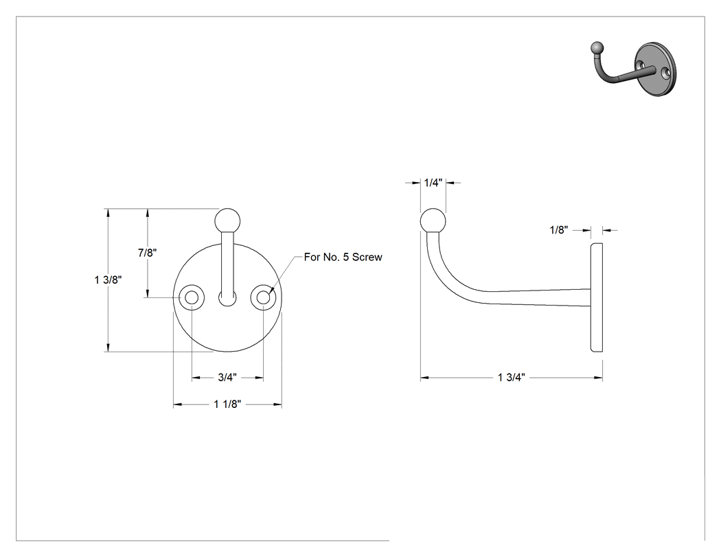Teknik Çizim - Gıda ve İçecek Asma Kancası, 1-1/8" Genişlik x 1-3/8" Yükseklik x 1-3/4" Derinlik