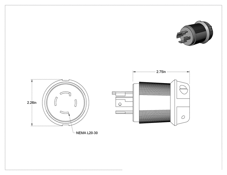 Teknik Çizim - Premium Dönme Kilitli Konektör, Dört uçlu fiş, Topraklanmamış, NEMA L20-30