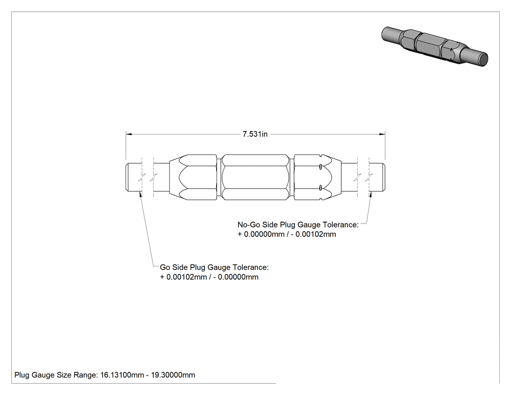Teknik Çizim - Saplı Tıkaç Ölçer, Sınıf x Boyut 16.1300 mm - 19.3040 mm