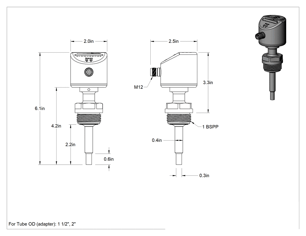 Teknik Çizim - Hijyenik Elektronik Yerleştirme Akış Anahtarı, 1-13/16" Uzunlukta Problu