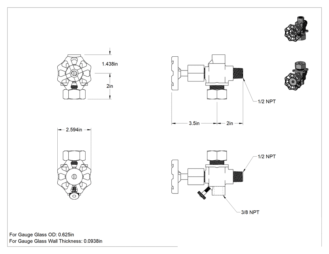 Teknik Çizim - Bronz Vanalar, 1/2 NPT Erkek, Seviye Göstergesi için