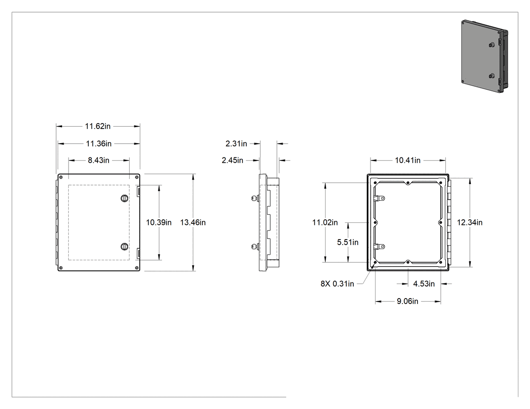 Teknik Çizim - Muhafazalar için HMI Kapağı, İki Yönlü Anahtar Kapatma, 13-7/16" Yükseklik, 11-5/8" Genişlik, 2-7/16" Derinlik
