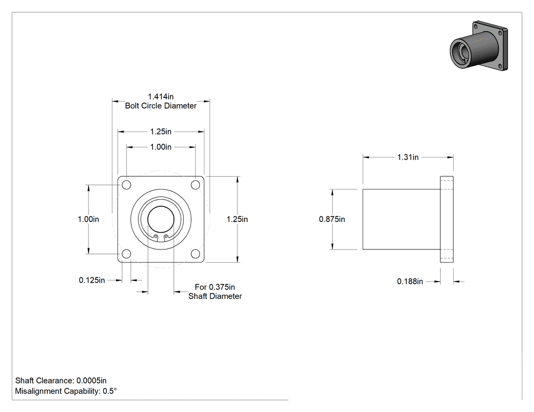 Teknik Çizim - Kimyasal Dirençli Flanş Montajlı Manşonlu Lineer Rulman, 0.0005" Mil Boşluğu, 1-5/16" X1-1/4" X1-1/4" Toplam