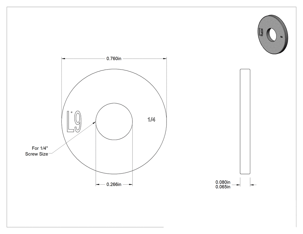 Teknik Çizim - Sarı Kromat Kaplı Çinko Çelik USS Pul, 1/4" Vida Boyutu için, 0.266" İç Çap, 0.760" Dış Çap