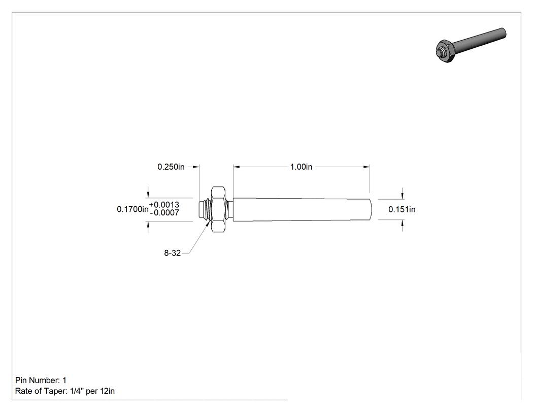 Teknik Çizim - 18-8 Paslanmaz Çelik Dişli Konik Pim, 1 Numaralı Pim, 0.170" Genişliğinde Uç Çapı, 1" Uzunluk