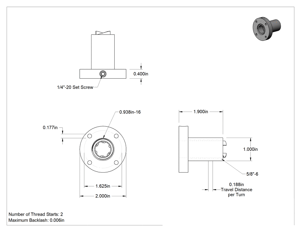Teknik Çizim - Kendinden Durdurmalı Top Vidası için 5/8"-6 Diş Boyutuna Sahip Flanşlı Top Somunu