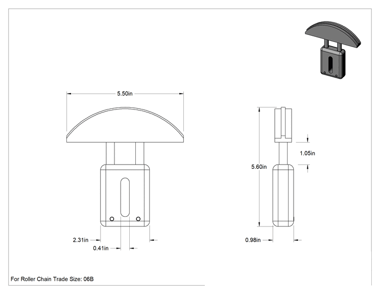 Teknik Çizim - Kanal Kılavuzlu Makaralı Zincir Gergi, Tek Sıralı ISO 06B Anma Ölçüsü için, 5-30 lb. Kuvvet