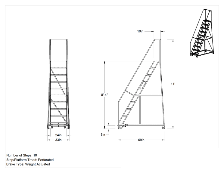 Teknik Çizim - Yuvarlanan Platform Merdiveni, 10 Delikli Basamaklı, 11' Yükseklik x 33" Genişlik x 69" Derinlik Toplam