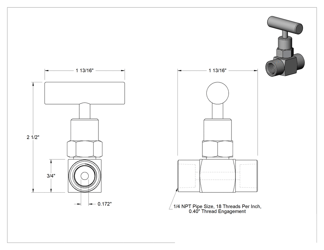 Teknik Çizim - Yüksek Basınçlı Hassas Akış Ayar Vanası, Metal-Metal Koltuk, Çelik Gövde, 1/4 NPT Dişi x Dişi