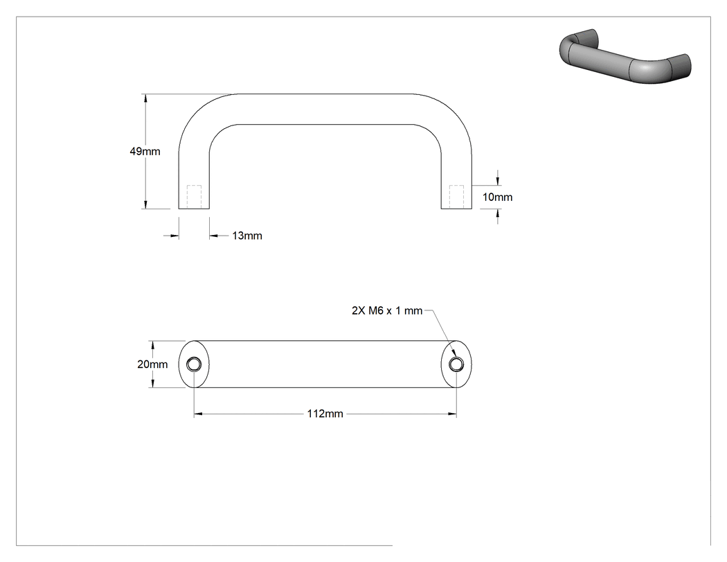 Teknik Çizim - Dişli Delikli Montajlı Oval Çekme Kolu, Mat 304 Paslanmaz Çelik, 112 mm Merkezden Merkeze Genişlik