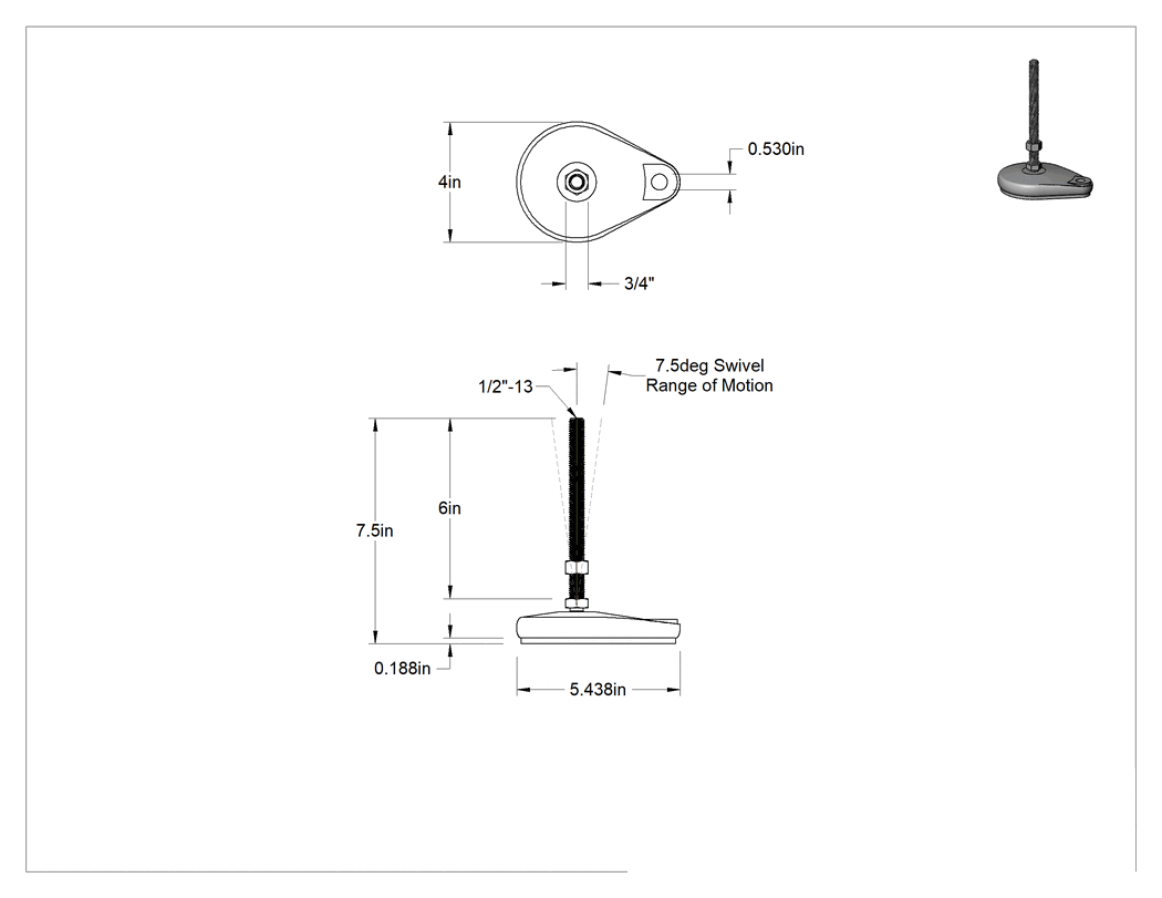 Teknik Çizim - Cam Dolgulu Naylon Sabit Dönen Seviyeleme Montaj Parçası, Yastıklı ve 6" Uzunluğunda 1/2"-13 Çinko Kaplı Saplamalı, 1 Ofset Delik